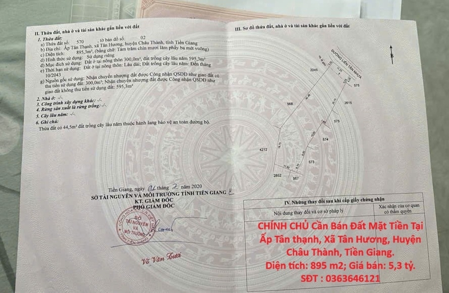 CHÍNH CHỦ Cần Bán Đất Mặt Tiền Tại Ấp Tân thạnh Xã Tân Hương Huyện Châu Thành Tiền Giang.
